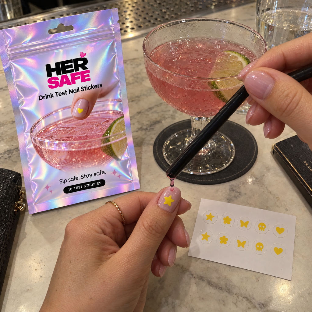 One drop of drink on a HerSafe star sticker at the bar